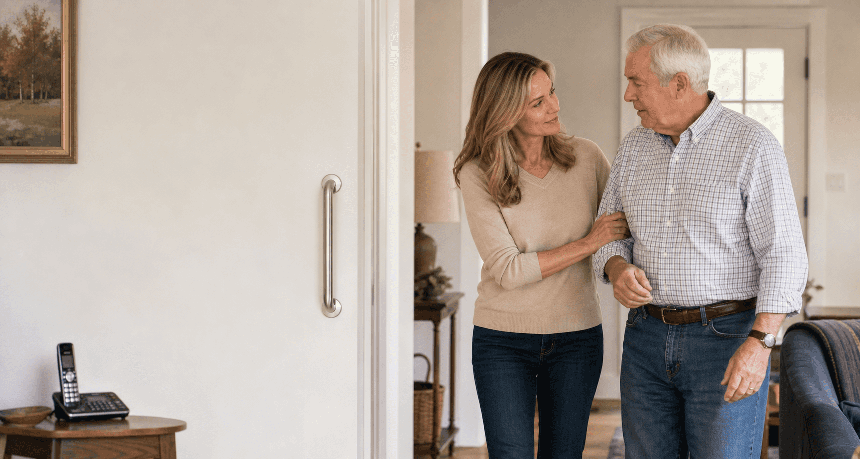 Adult child standing with an older parent in a warm home entryway with subtle safety updates.
