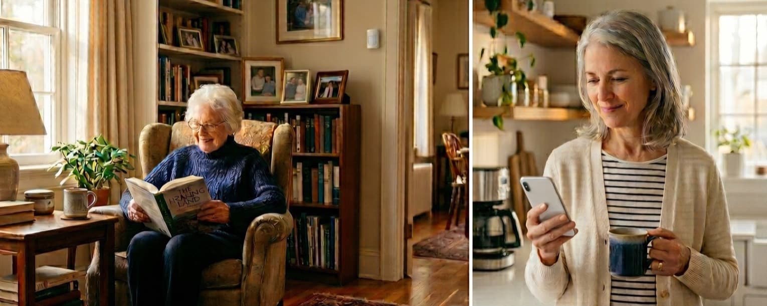 An older adult relaxing at home while an adult child checks in by phone.