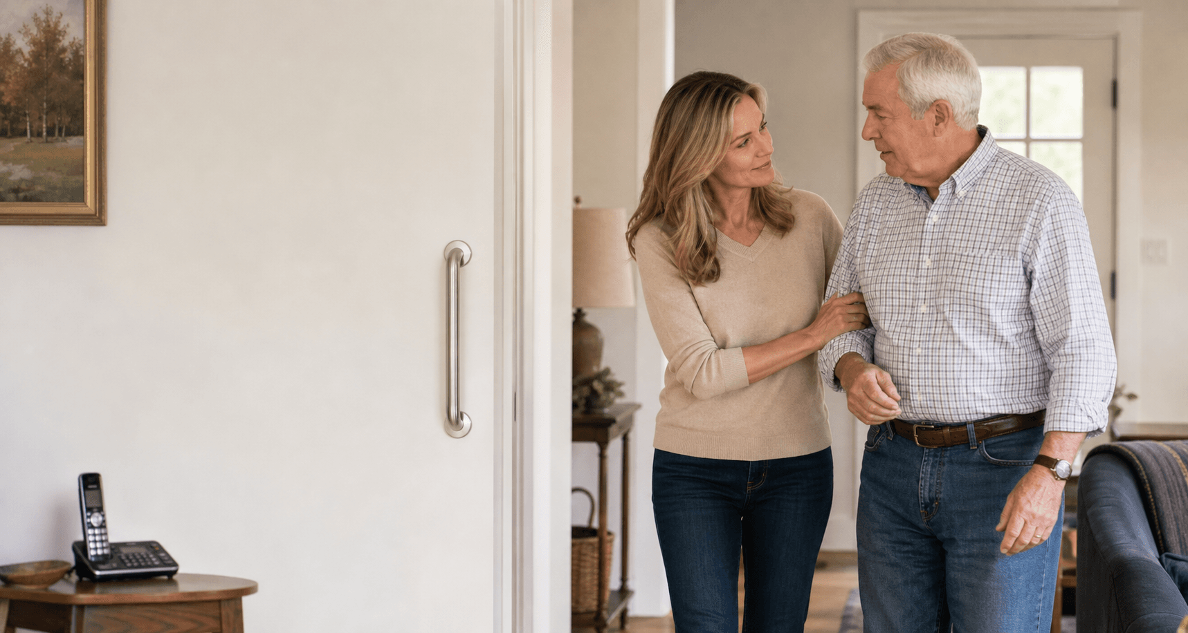 Adult child standing with an older parent in a warm home entryway with subtle safety updates.