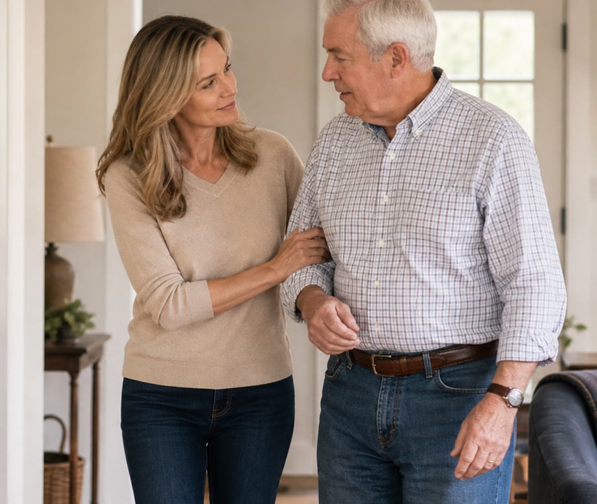 An adult daughter walking with an older parent at home while discussing safety needs.