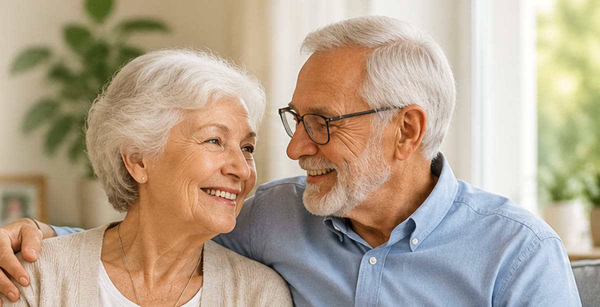 A smiling older couple relaxing at home while wearing a medical alert pendant.